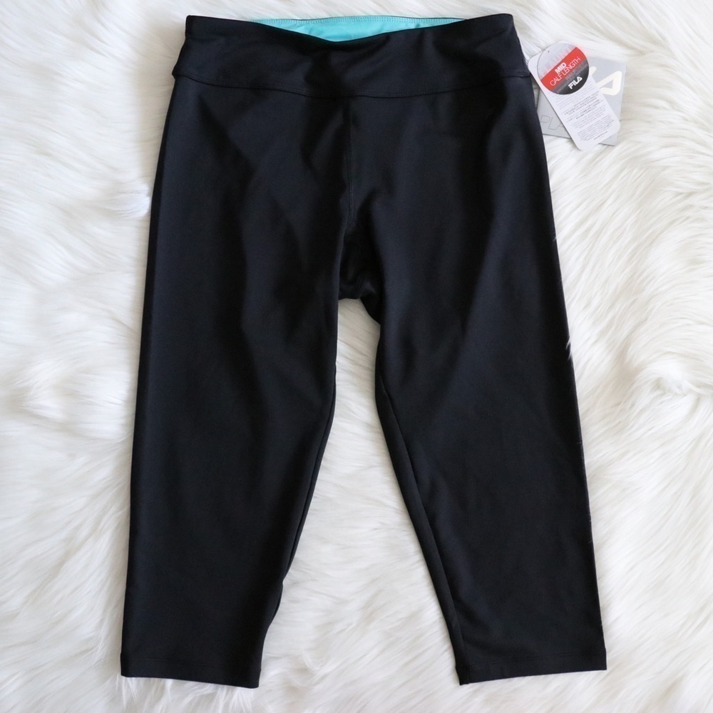 NEW Fila Black Platinum 3/4 Capri  Black/Blue Leggings - Picture 2 of 15